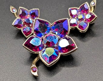 Vintage Kramer Demi Parure Ruby AB Rhinestone Earrings and Brooch Pin Pendant