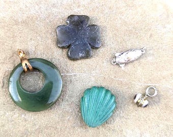 Vintage Repair Lot of 5 Charms Pendant Clasp Silver Jade Cinnabar