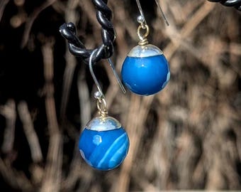 Handmade Striated Blue Agate Earrings on Silver