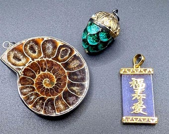 Vintage Lot of 3 Pendants Lavender Jade Brass and Enamel and Ammonite Fossil