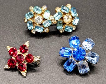Vintage Rhinestone Brooch Pins Red Blue Aquamarine Set of 3