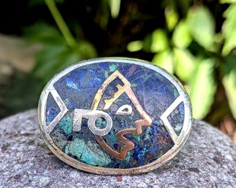 Vintage Nestor Sterling Lapis and Turquoise Inlaid Mixed Metals Pin Pendant