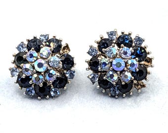 Vintage Trifari Aquamarine AB and Sapphire Rhinestone Clip-on Earrings