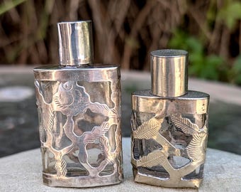 Frascos de perfume antiguos Art Nouveau de plata de ley sobre cristal, juego de 2