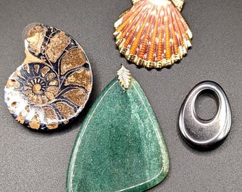 Vintage Lot of 4 Pendant Earrings Shell Jadeite Hematite Ammonite Fossil
