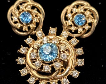 1950s Demi Parure Aquamarine Rhinestone Earrings and Brooch Pin
