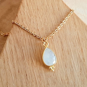 Moonstone Necklace - Natural Stone Pendant - Gold Stainless Steel Chain -