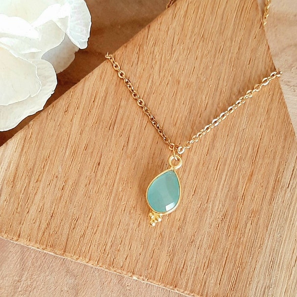 Collier Quartz Aqua Aura - Pendentif goutte pierre bleue et chaîne en acier inoxydable or - Cadeau femme