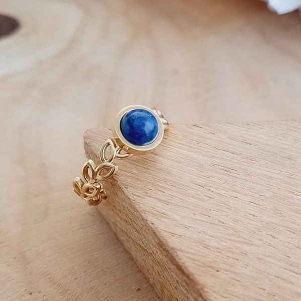 Bague Lapis Lazuli - Bague fine ajustable en acier inoxydable or motif Laurier et pierre naturelle - Cadeau femme