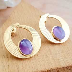 Amethyst spiral earrings - Gold stainless steel and natural stone studs - Women&#39;s gift