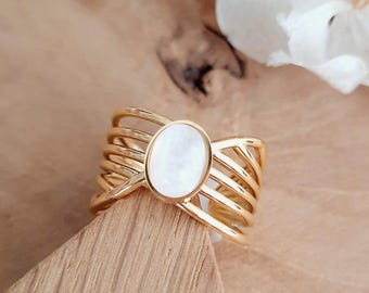 Moonstone Ring - Adjustable openwork gold-tone stainless steel ring with natural stone - Gift for women