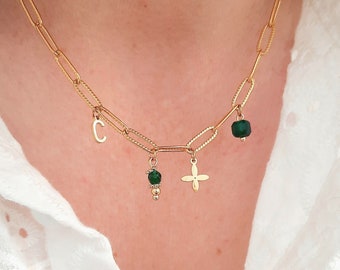 Collier lettre personnalisable et Agate Verte - Pierre naturelle et acier inoxydable or - Cadeau femme