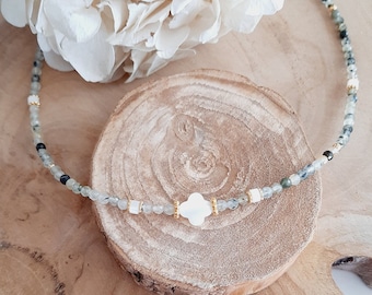 Natural Prehnite necklace - White mother-of-pearl clover pendant choker - Mother's Day gift