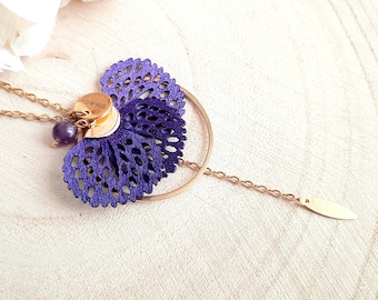 Collier pendentif Améthyste - Pompon violet - Sautoir bohème pierre naturelle et acier inoxydable - Cadeau femme