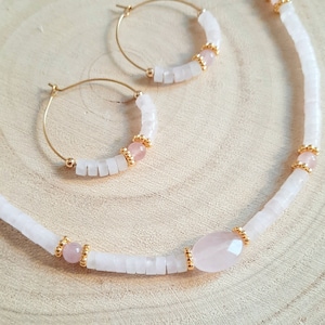 Rose Quartz earrings - Gold stainless steel and natural stone hoop earrings - Women's gift