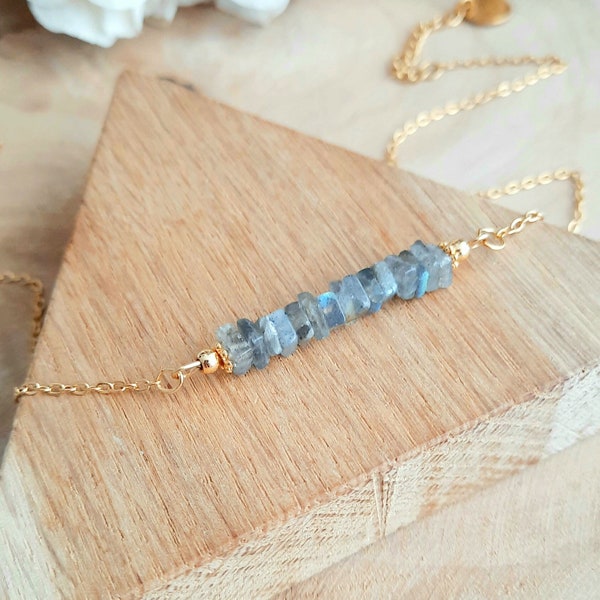 Collier pendentif Labradorite - Perles heishi en pierre naturelle - Acier inoxydable or - Cadeau femme