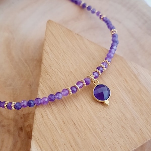 Amethyst Necklace - Pearl Choker and Natural Stone Pendant -