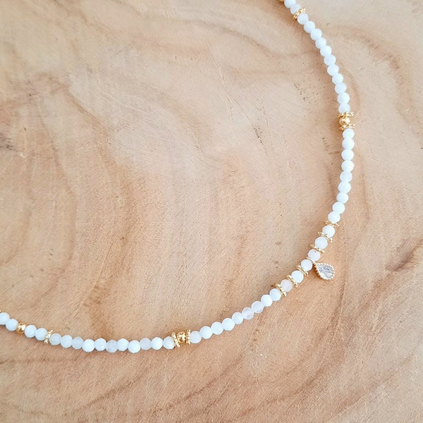Moonstone necklace and zircon drop pendant - Natural stone beads - Women's gift