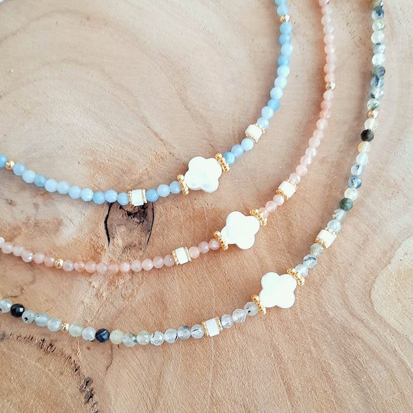 Collier pendentif trèfle en nacre - Perles en pierre naturelle Préhnite/Pierre de Soleil/Aigue Marine- Cadeau fête des mères