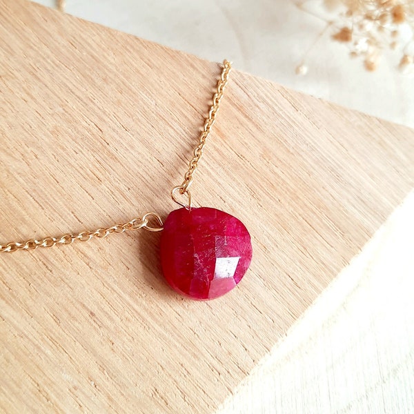 Red Ruby pendant necklace - Gold stainless steel and natural stone women's necklace - Women's gift