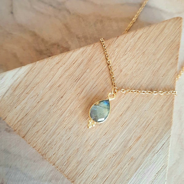 Collier Labradorite - Pendentif goutte en pierre naturelle  et chaîne en acier inoxydable or - Cadeau femme