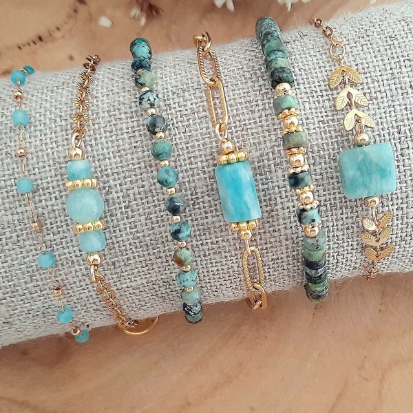 Bracelet Amazonite et Turquoise - Bracelet pierre naturelle bleue - Acier inoxydable or - Cadeau femme