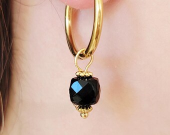Black Chalcedony Hoop Earrings – Natural Stone & Gold-Plated Stainless Steel Hoop Earrings – Elegant Handmade Jewelry