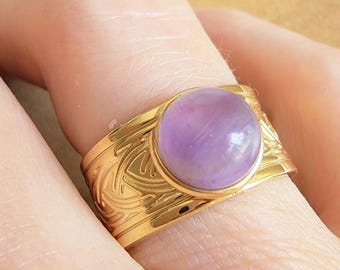 Adjustable Amethyst Ring for Women – Natural Stone Ring – Gold-Plated Stainless Steel Ring – Lithotherapy Jewelry – Original Gift for Women