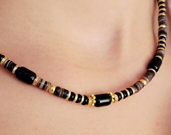 Black Agate Heishi Choker Necklace – Women's Shell Necklace – Natural Stone Necklace – Boho Chic Necklace – Gift for Women