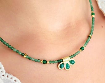 Emerald Green Aventurine Necklace for Women – Natural Stone Necklace – Green Beaded Choker – Gold Teardrop Pendant – Gift for Women