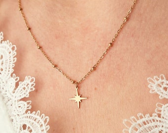 Collier acier inoxydable or pendentif étoile - Collier fin femme chaîne à billes - Cadeau femme