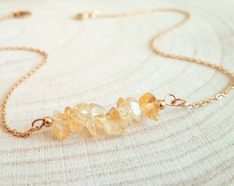 Collier Citrine brute - Ras de cou pierre naturelle et acier inoxydable or  - Cadeau femme