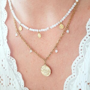 Moonstone Necklace - Natural stone beads and gold-plated stainless steel medal pendant -
