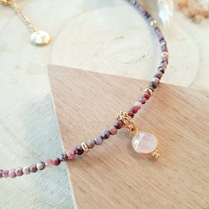 Rose Quartz and Rhodonite Necklace - Natural Semi Precious Stone Choker - Gold Stainless Steel - Women's Gift