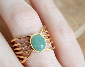 Women's green aventurine ring – Natural stone ring – Adjustable gold-plated stainless steel ring – Thin ring – Gift for women