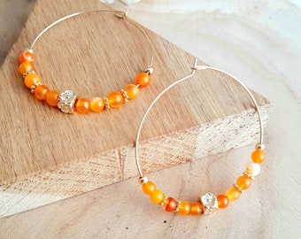 Orange Agate hoop earrings - Gold stainless steel earrings and orange natural stone - Women's gift