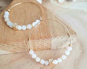 White Quartz Hoop Earrings - Gold stainless steel and white natural stone earrings - Women's gift