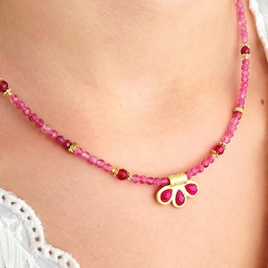 Pink Tourmaline and Ruby Necklace, Natural Stone – Handmade Jewelry
