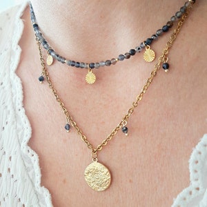 Cordierite Necklace - Natural Stone Beads and Gold Stainless Steel Medal Pendant -