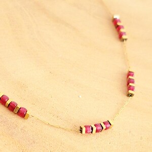Ruby Red Agate Necklace for Women – Natural Stone Beads – Gold Rosary Chain – Handmade Jewelry – Original Gift