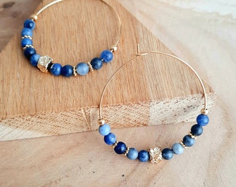 Sodalite hoop earrings - Gold stainless steel earrings and blue natural stone - Women's gift