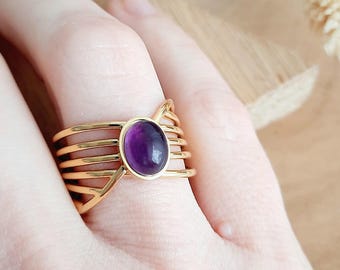 Women's Amethyst Ring – Natural Stone Ring – Adjustable Gold-Plated Stainless Steel Ring – Thin Ring – Gift for Women