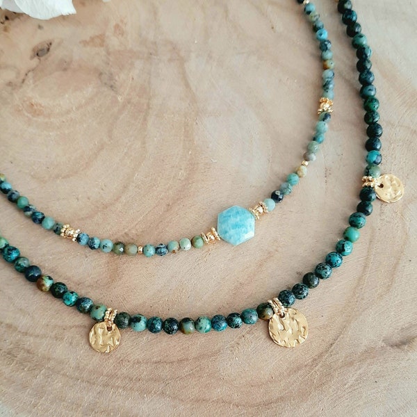 Collier Turquoise Africaine et pendentif en Amazonite - Perles en pierres naturelles - Cadeau femme