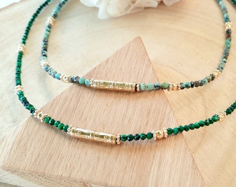 Collier Malachite ou Turquoise - Perles pierre naturelle - Pendentif talisman cylindrique en acier inoxydable or  - Cadeau femme