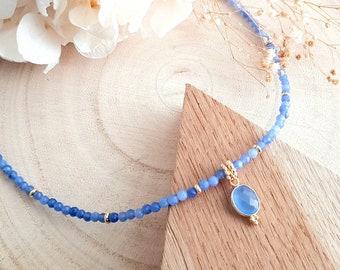 Collier Aventurine bleu et pendentif en quartz bleu - Acier inoxydable or - Cadeau femme