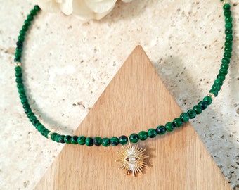 Malachite necklace - Green stone beads - Sun pendant - Women's gift