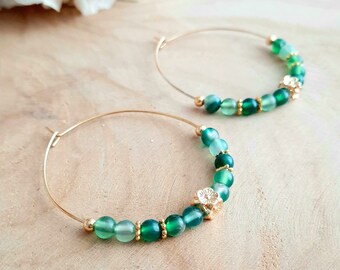 Boucles d'oreilles Agate Verte - Créoles en acier inoxydable or et pierre naturelle - Cadeau Noël femme