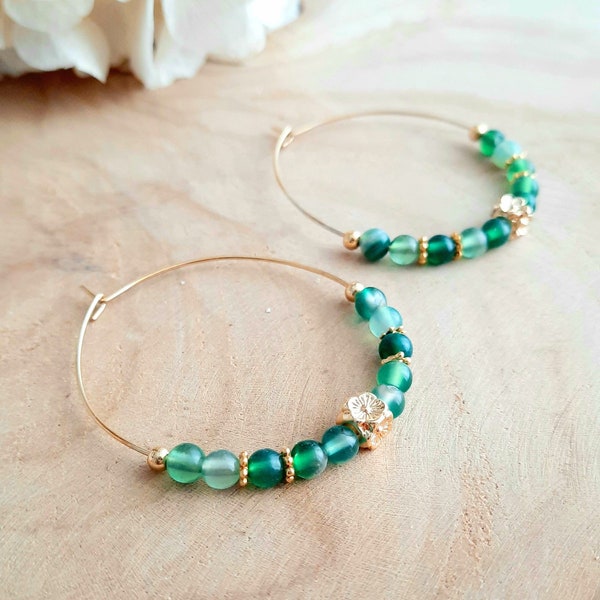 Boucles d'oreilles Agate Verte - Créoles en acier inoxydable or et pierre naturelle - Cadeau Noël femme