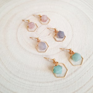 Natural stone earrings - Rose Quartz or Gray Agate or Green Aventurine - Gold stainless steel - Women's gift