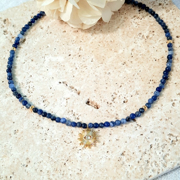 Collier de perles en Sodalite naturelle - Pendentif soleil porte bonheur -  Cadeau femme